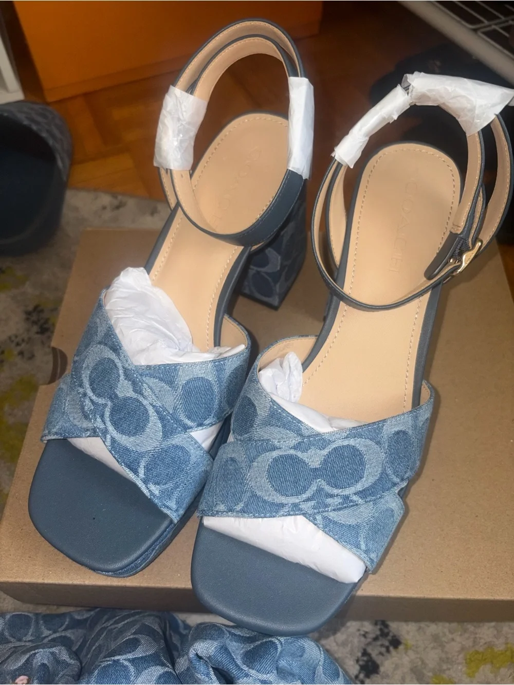 Coach Denim Logo Block Heel Sandals in Light Blue